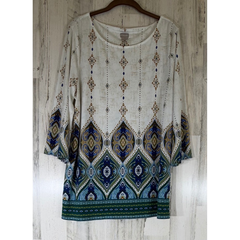 Chicos Tunic Size 2 Large Blue Green Paisley Medallion 3/4 Sleeve Office Career
